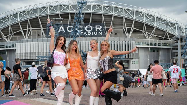 Taylor Swift fans Eleanor Bailey, Jacinta Hobson, Indi veale, Hailey frew 0488340016 arrive at the Accor Stadium for the first of Taylor Swift's string of shows in Sydney.