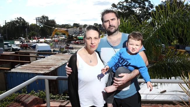 Aleks, Jon and little Oliver Pocknee, were offered two free tickets to the movies after complaining to WestConnex about night time construction noise. Picture: Carly Earl