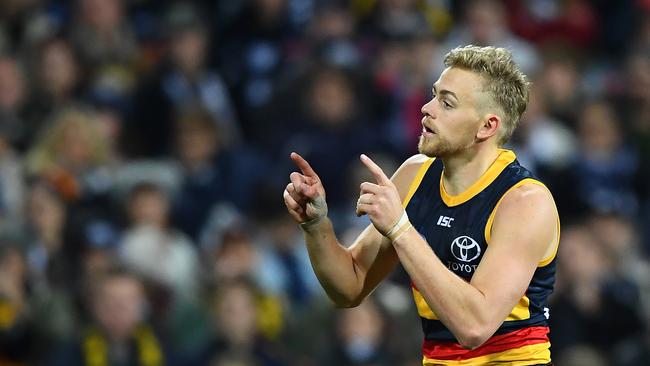 Greenwood is a genuine dual position player given his inside work in the midfield then overhead marking in front of goal. Picture: Quinn Rooney (Getty).