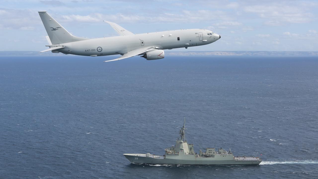 A RAAF P-8A Poseidon supports sea trials for the NUSHIP Hobart in the Gulf St Vincent off the coast of Adelaide. Picture: Supplied