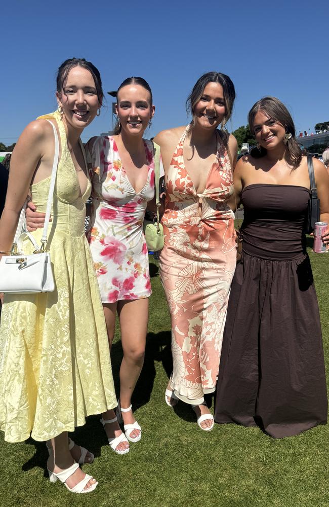 Jemma Nelson, Madison Colbert, Taylah Nelson and Bella Nicholls at the Melbourne Cup at Flemington Racecourse on November 5, 2024. Picture: Phillippa Butt