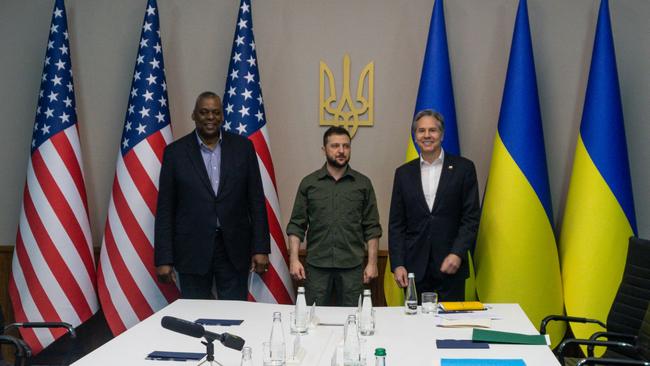 US Secretary of Defense Lloyd Austin, left, Secretary of State Antony Blinken, right, meet with Ukrainian President Volodymyr Zelensky, centre, in Kyiv, Ukraine. Picture: AFP PHOTO / US Department of Defense