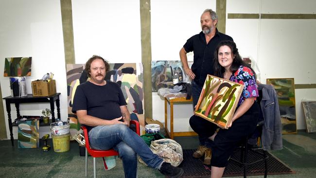 Artists in their studio space, Kyle Jenkins (left), David Usher and Peta Berghofer. Opening of the First Creative CBD Toowoomba Start Up partnership Alexandra Lawson Gallery (ALG) and Waltons.