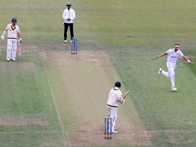 Stuart Broad celebrates the fall of Steve Smith. (Photo by Richard Heathcote/Getty Images)