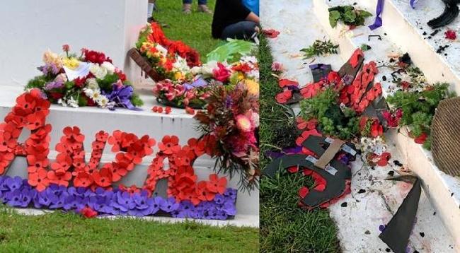 'DISGUSTING': Before and after the floral tributes placed at the Imbil cenotaph was trashed by a group of kids over the weekend. Picture: Contributed