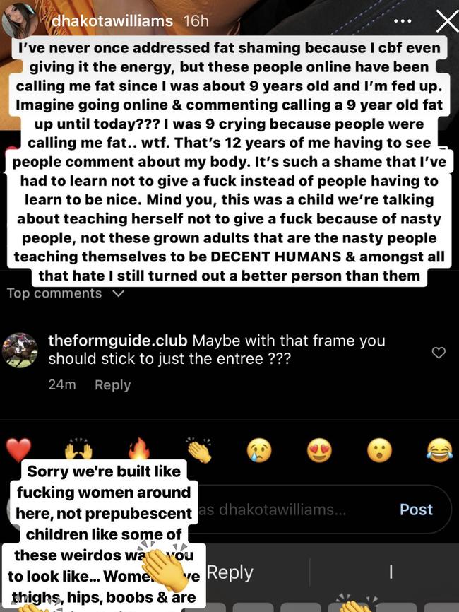 Dhakota hit at out fatshamers earlier this year in a lengthy post. Picture: Instagram