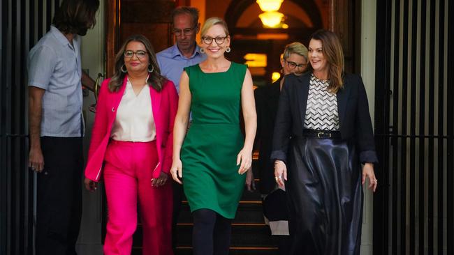 Mehreen Faruqi, new Greens leader Larissa Waters and Senator Sarah Hanson-Young walk out of their post-election meeting in May. Picture: Luis Enrique Ascui/NewsWire
