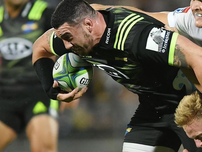 NAPIER, NEW ZEALAND - APRIL 06:  Jeffery Toomaga-Allen of the Hurricanes pushes forwards during the round eight Super Rugby match between the Hurricanes and the Sharks at McLean Park on April 6, 2018 in Napier, New Zealand  (Photo by Kerry Marshall/Getty Images)