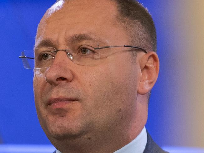 CANBERRA, AUSTRALIA - NewsWire Photos FEBRUARY 24, 2023: An emotional Ambassador of Ukraine to Australia & New Zealand, H.E. Vasyl Myroshnychenko, during his address to the National Press Club of Australia, in Canberra.Picture: NCA NewsWire / Gary Ramage