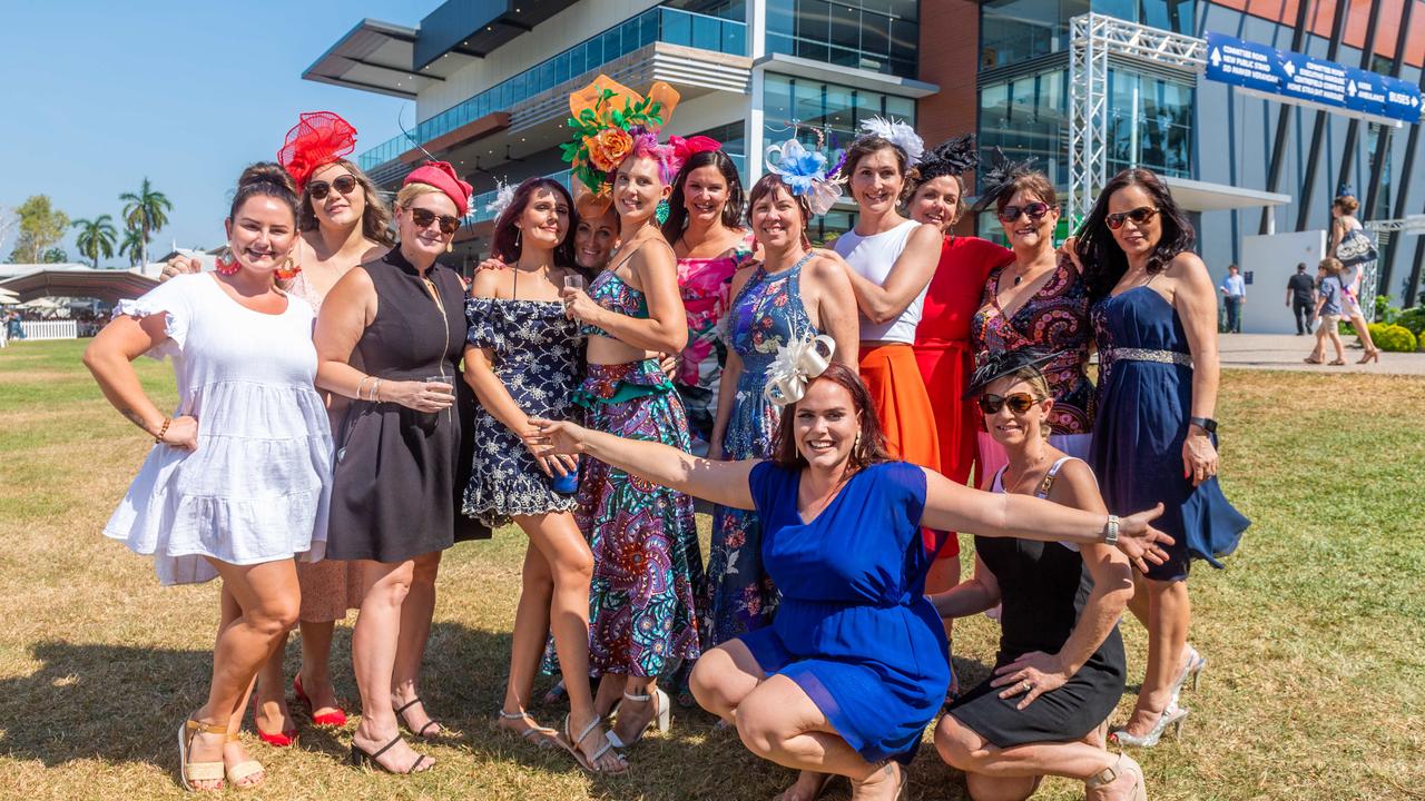 Tara Litera, Jasinda Bourke, Jo Dawson, Casey Thomas, Mollie Oliver, Shelley Billiris, Tanya Roberts, Jodey Hayes, Corina Hayes, Kelly Bourke, Deneeka Butler, Alexandra Magripilis, Johanna Dabey and Pauline Remfrey at the 2021 Darwin Cup Carnival Bridge Toyota Ladies’ Day. Picture: Che Chorley