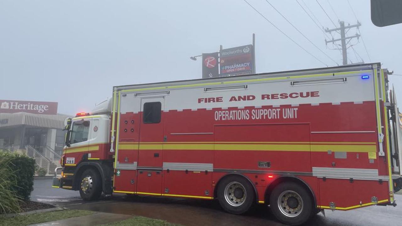 Emergency service established an exclusion zone after a chemical spill near the Range Shopping Centre, in East Toowoomba. Photo: Michael Nolan.