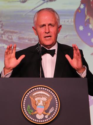 Prime Minister Malcolm Turnbull addresses the crowd in New York. Picture: Nathan Edwards