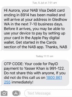 The text appeared to be from NAB, and appeared below other texts received from the bank previously. Picture: Supplied