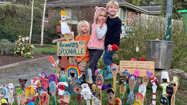 Richards Road Spoonville has 111 individual spoons. Tim Dam's children Atticus, Beatrix and Tarquin.