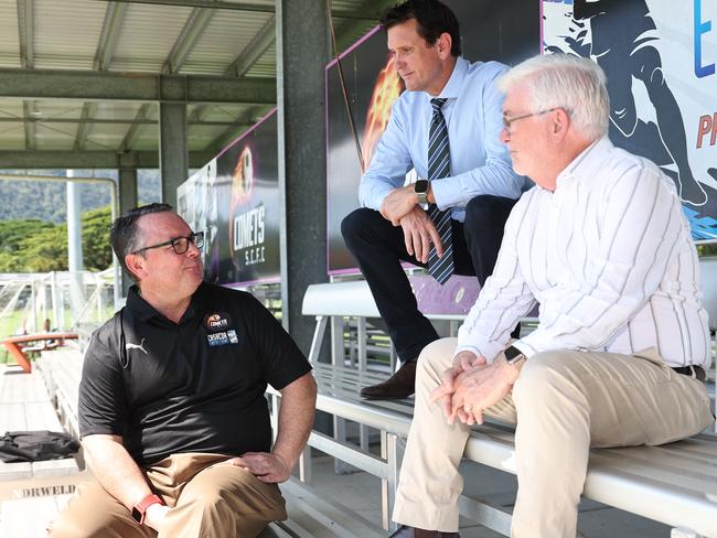 Southside Comets' Daniel Schmidt speaking with Police Minister Dan Purdie and Mulgrave MP Terry James. Picture: Arun Singh Mann