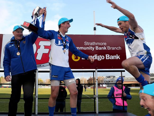 Sunbury Kangaroos coach Anthony Leydin and captain Daniel Gregory hoist the silverwaee. Picture: Mark Dadswell.