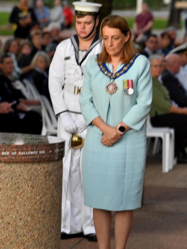 Commemoration dawn service for 80th anniversary of the Battle of the Coral Sea at Anzac Park, Townsville. Mayor Jenny Hill lays a wreath. Picture: Evan Morgan