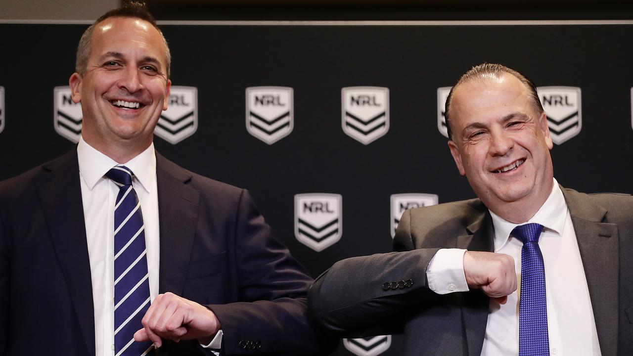 Australian Rugby League Commission chairman Peter V'landys (right) and National Rugby League chief executive Andrew Abdo (Photo by Mark Metcalfe/Getty Images)