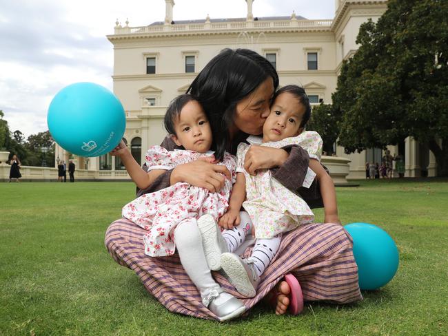 Mum Bhumchu Zangmo with formerly conjoined twins Dawa, left, and Nima, right. Picture: Alex Coppel