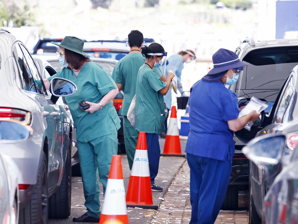 Long lines at a drive-through Covid-19 testing facility at Bondi in Sydney yesterday. Picture: Sam Ruttyn