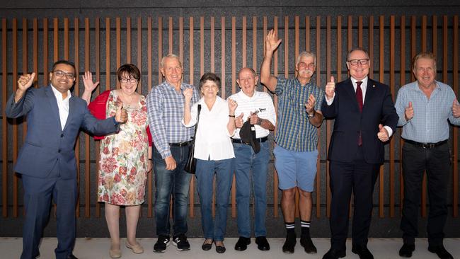 Cumberland councillors Suman Saha and Lisa Lake, resident Chris Campbell, Marie and Trevor Simpson, Grant Hansen, Prospect state Labor MP Hugh McDermott and councillor Glenn Elmore celebrate Wenty Pools’ opening. Picture: Monique Harmer