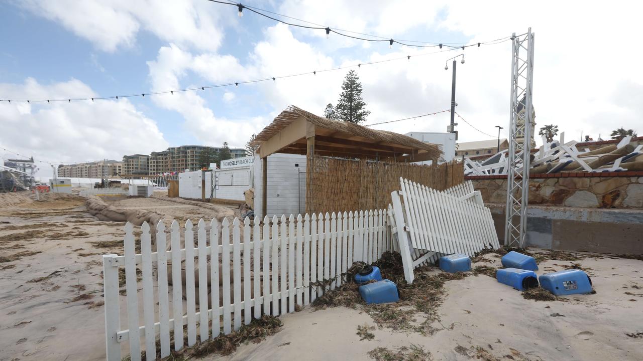 Storm damage to the Surf Lifesaving Championships at Glenelg after gale-force winds and heavy rain struck Adelaide on November 21, 2018. Picture: AAP / Russell Millard