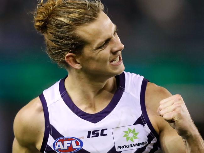 MELBOURNE, AUSTRALIA - JULY 09: Nat Fyfe of the Dockers celebrates a goal during the 2017 AFL round 16 match between the North Melbourne Kangaroos and the Fremantle Dockers at Etihad Stadium on July 09, 2017 in Melbourne, Australia. (Photo by Adam Trafford/AFL Media/Getty Images)