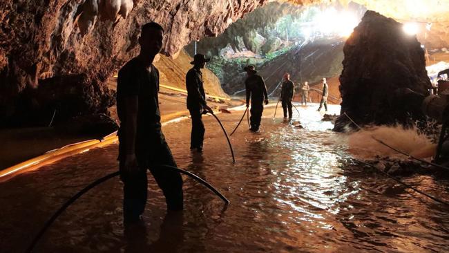 Royal Thai Navy rescuers at the entrance to the cave. Picture: AP