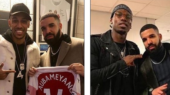 Arsenal’s Pierre-Emerick Aubameyang and Manchester United’s Paul Pogba pose with rapper Drake.