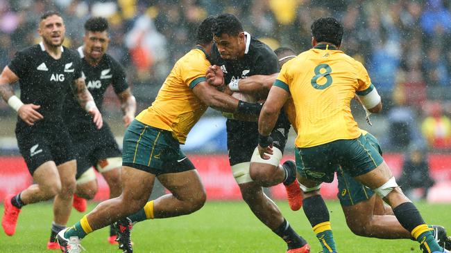 WELLINGTON, NEW ZEALAND - OCTOBER 11: Tupou Vaa'i of the All Blacks is tackled during the Bledisloe Cup match between the New Zealand All Blacks and the Australian Wallabies at Sky Stadium on October 11, 2020 in Wellington, New Zealand. (Photo by Hagen Hopkins/Getty Images)