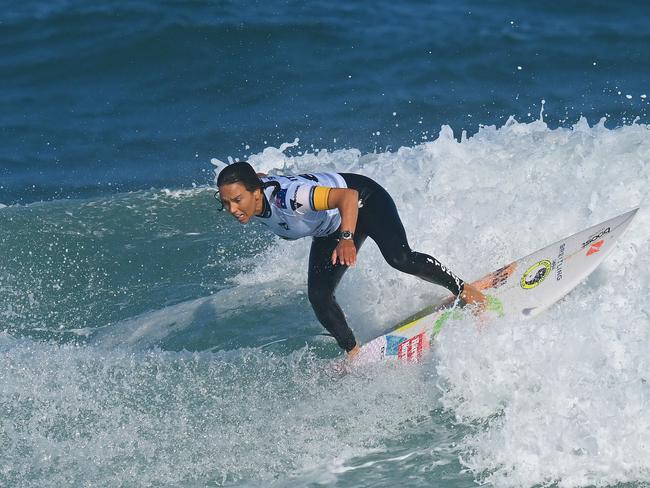 Sally Fitzgibbons of Australia surfs in their first heat during the 2024 Rip Curl Pro Bells Beach on March 26, 2024 in Bells Beach, Australia. (Photo by Morgan Hancock/Getty Images)