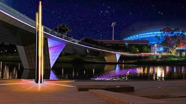 Southern Riverbank Reeds of Reflection - proposed lighting installation and an artist’s impression of the concept. Picture: Renewal SA