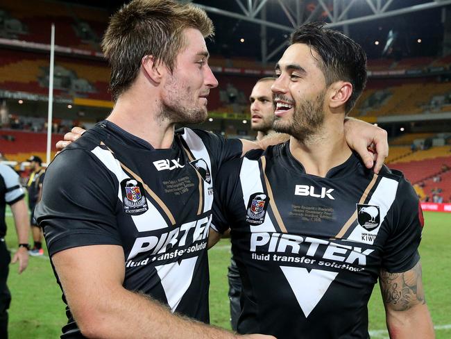 Kieran Foran and Shaun Johnson after the win in the ANZAC Test Match between Australia v New Zealand at Suncorp Stadium, Brisbane. Pics Adam Head