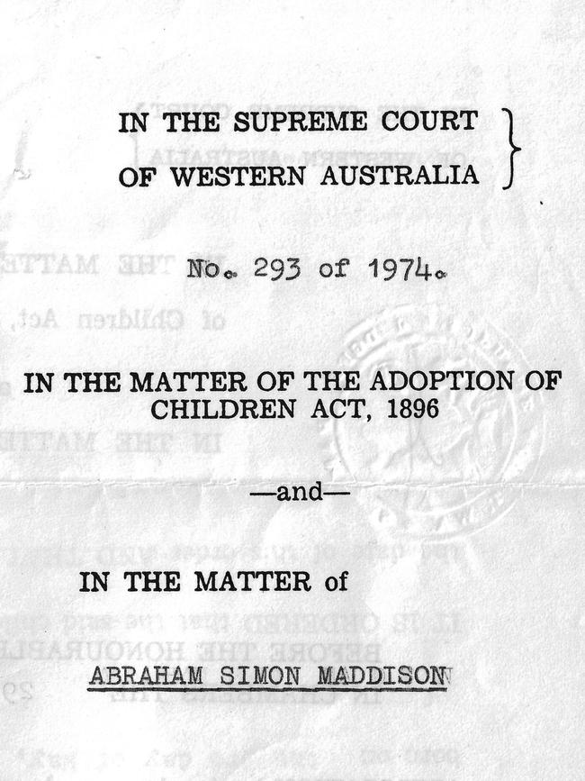 The original adoption document for Abraham Maddison. Picture: supplied