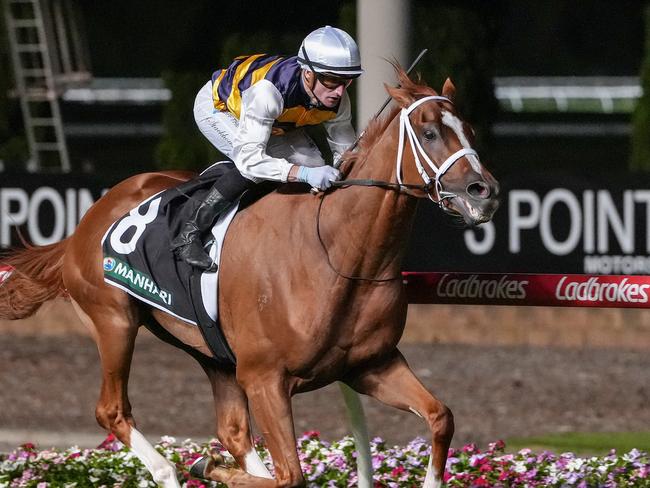 Deakin, ridden by Daniel Stackhouse, wins the Manhari Torney Night Cup at Moonee Valley. Picture: George Salpigtidis/Racing Photos via Getty Images