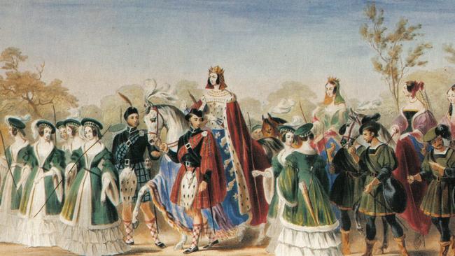 Georgiana Seymour, Duchess of Somerset is crowned the Queen of Beauty at the Eglinton Tournament of 1839, the first known beauty pageant. Painted by James Henry Nixon in 1839.