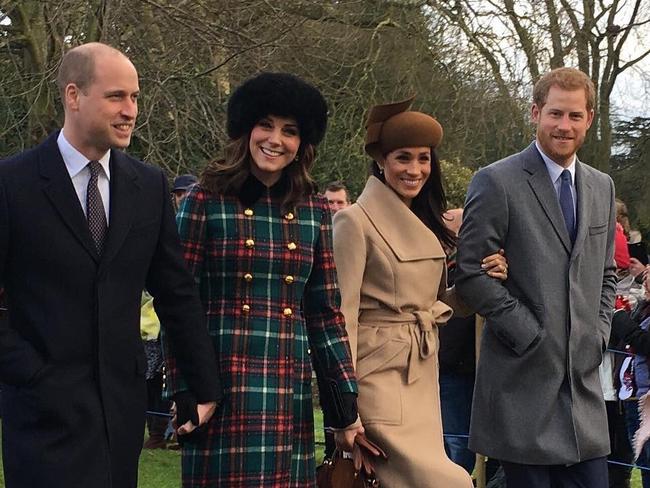 Prince William, Catherine, Meghan Markle and Prince Harry attend church on Christmas Day, December 25, 2017 in King's Lynn, England.Picture: Twitter/ Karen Anvil @anvilius