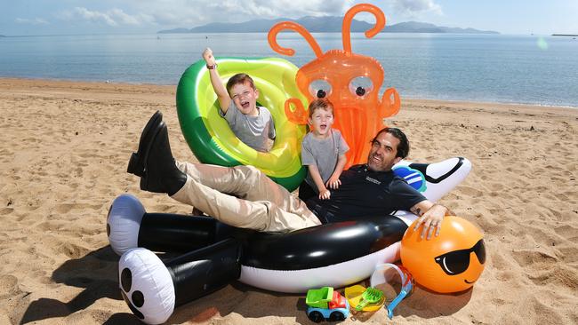 Brendan Cook, General Manager Townsville Airport, with his two boys Linc, 4, and Reed, 7, will be participating in the Townsville Airport Father's Day at Picnic Bay. Picture: Shae Beplate.