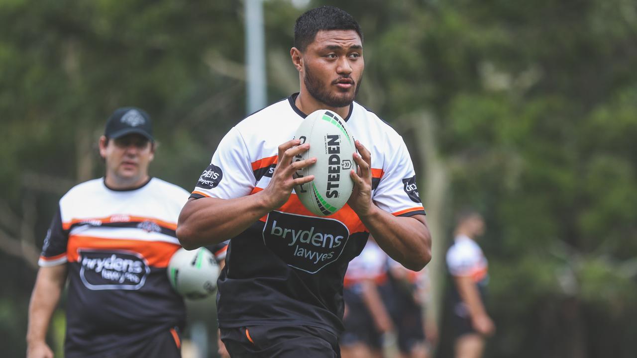 Tigers forward Stefano Utoikamanu during training. Photo: Wests Tigers
