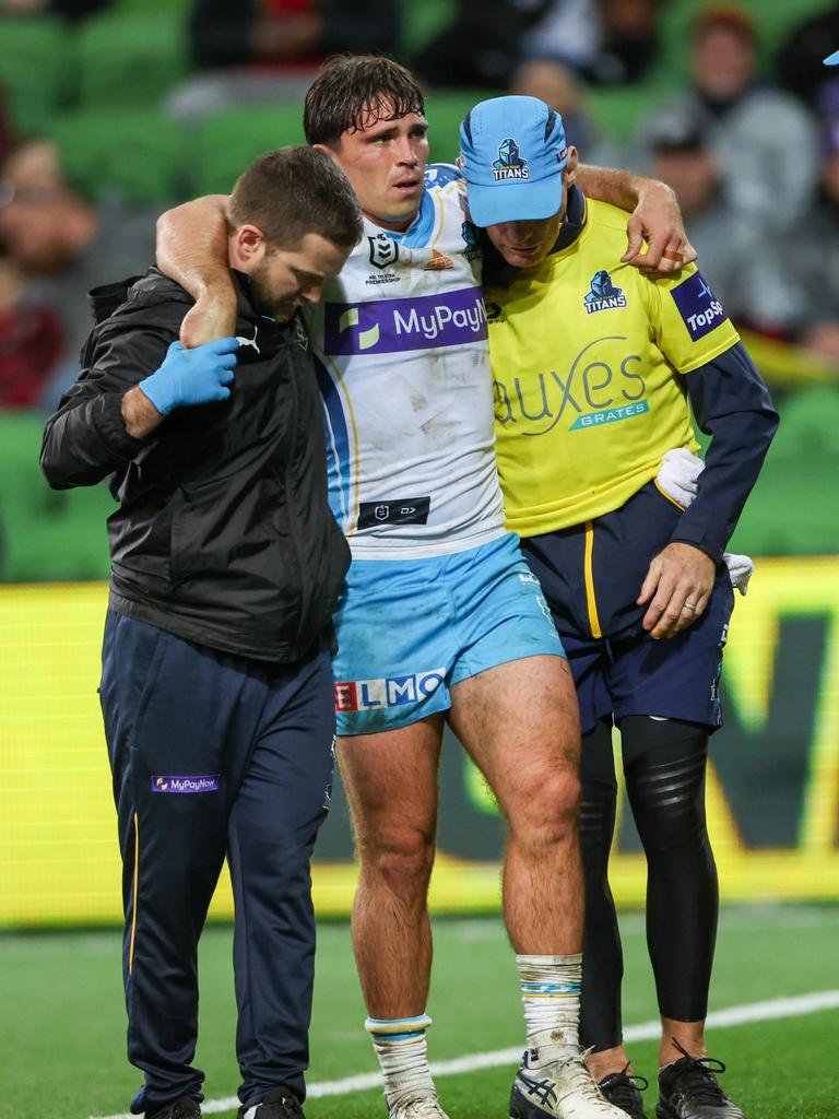 Gold Coast Titans' injured NRL player Aaron Booth. Picture: Asanka Ratnayake/NRL Photos