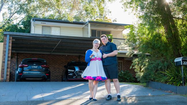 Jaemarie Straatman, 32, and her fiancee Christopher Peterson, 36, worked together to try and wipe $60,000 in debts including credit cards and personal loans. Picture: Supplied.