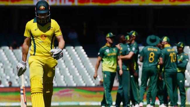 Shaun Marsh departs as South Africa celebrate at the Adelaide Oval.