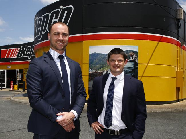 Jacob Heinke and Hayden Ryan at the building they sold in Kedron. Picture: Tertius Pickard