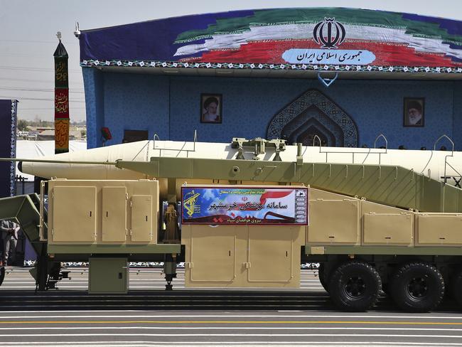 Iran's Khoramshahr missile is displayed by the Revolutionary Guard during a military parade marking the 37th anniversary of Iraq's 1980 invasion of Iran. Picture: AP.