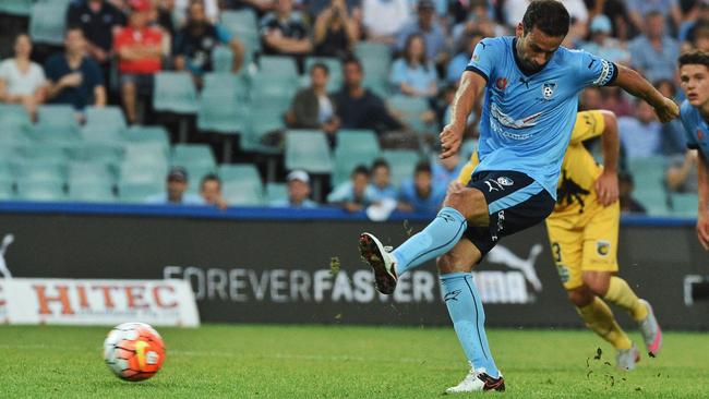 Sydney's captain Alex Brosque scores a penalty goal during the round 12 A-League match between Sydney FC and the Central Coast Mariners at Allianz Stadium in Sydney, on Saturday Dec. 26, 2015. (AAP Image/Mick Tsikas) NO ARCHIVING, EDITORIAL USE ONLY