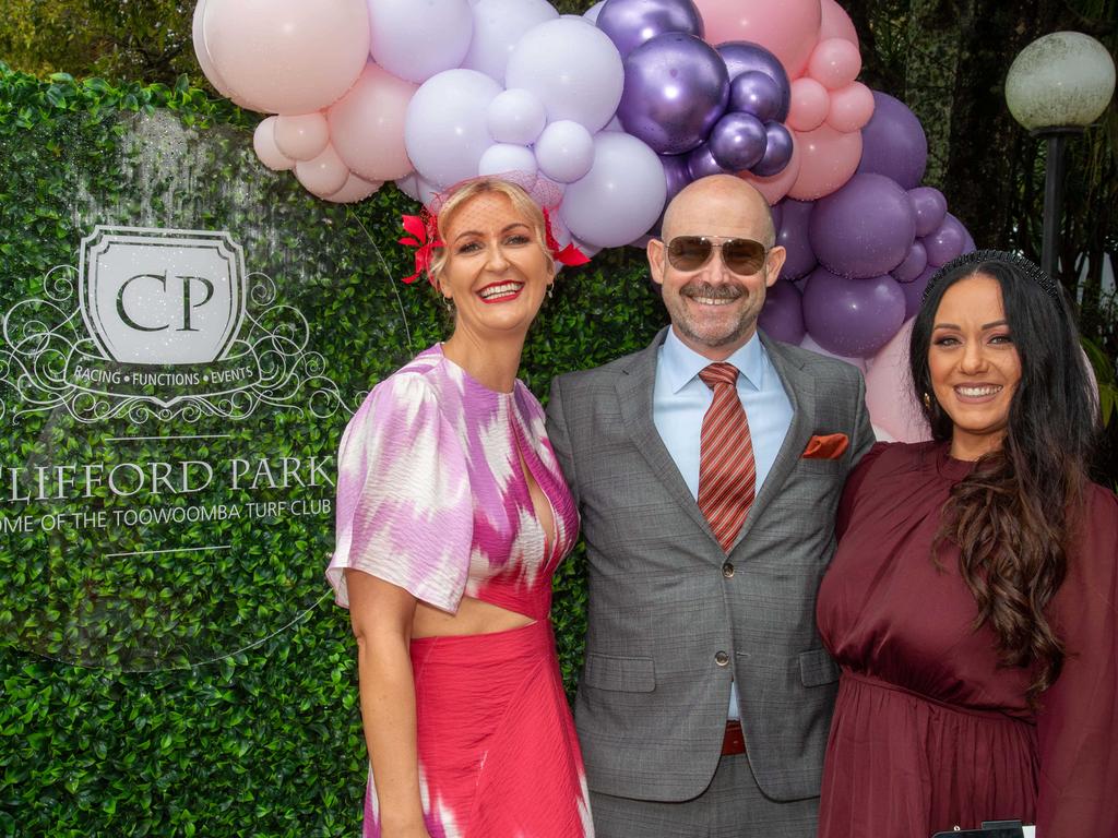 (From left) Chay Hicks, Maurice Turner and Felicia Platz. Weetwood Raceday at Toowoomba Turf Club. Saturday, September 28, 2024. Picture: Nev Madsen.