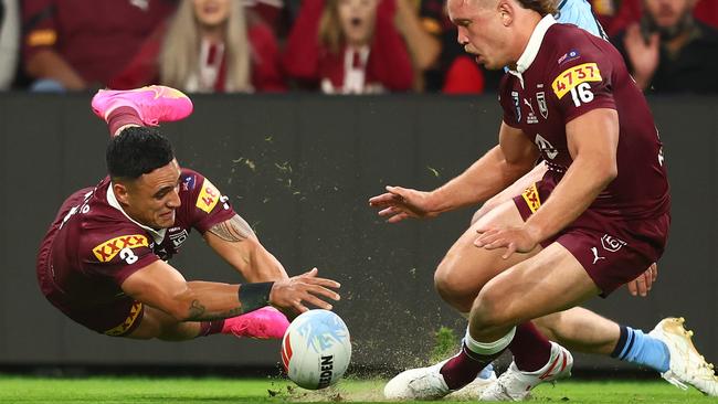 Valentine Holmes was awarded a try despite appearing to knock-on. Picture: Getty Images.