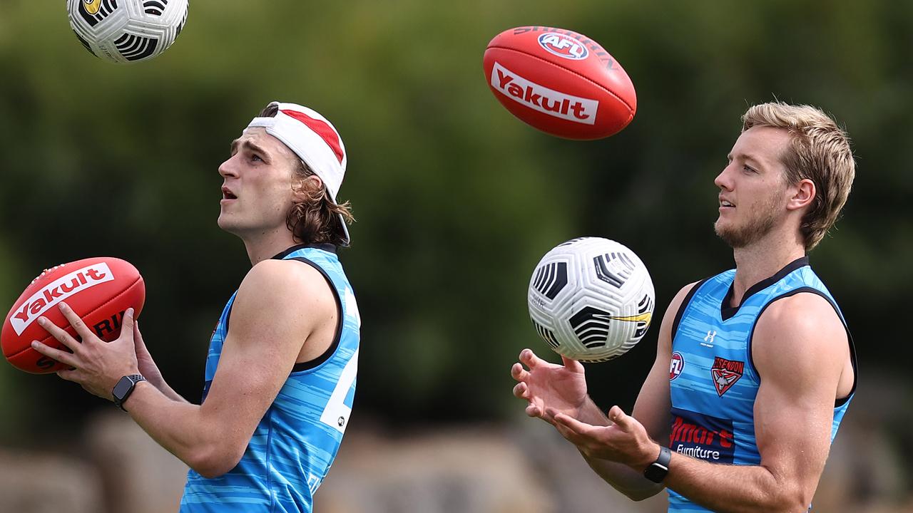 Bombers Harrison Jones and Darcy Parish return for pre-season training. Picture: Michael Klein