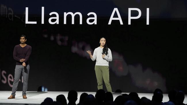 Meta Research Scientist in Generative AI, Angela Fan, right, and Meta Vice President of AI, Manohar Paluri, speak at LlamaCon 2025. Picture: AP.