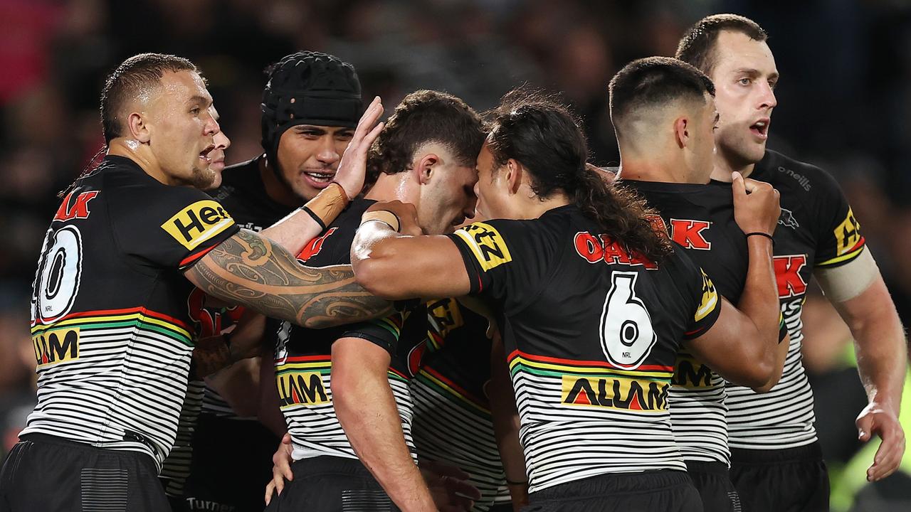 SYDNEY, AUSTRALIA - OCTOBER 02: Nathan Cleary and Jarome Luai of the Panthers celebrate with teammates during the 2022 NRL Grand Final match between the Penrith Panthers and the Parramatta Eels at Accor Stadium on October 02, 2022, in Sydney, Australia. (Photo by Mark Kolbe/Getty Images)